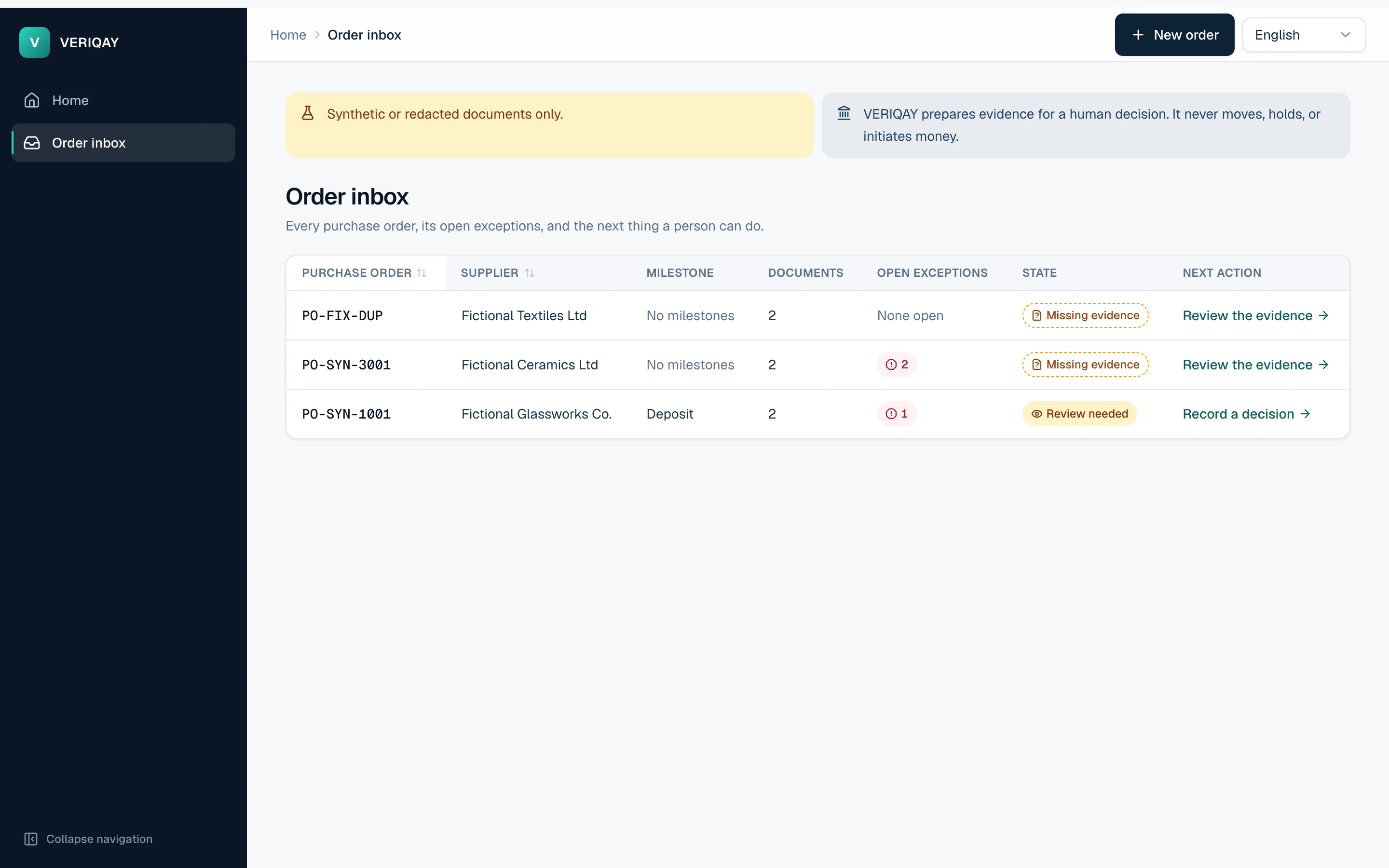 The order inbox listing a sample purchase order with its next action
